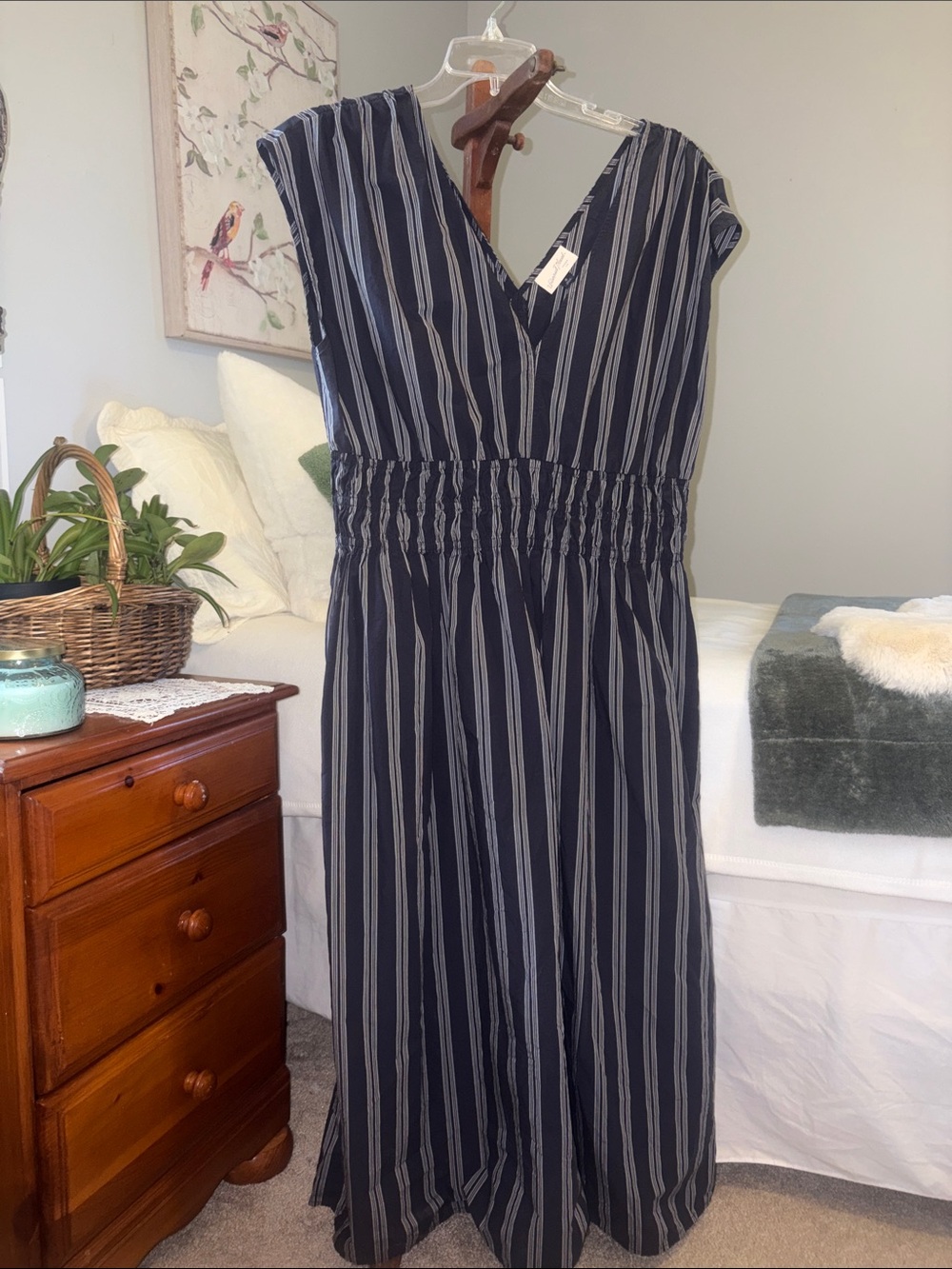 Universal Thread Navy and White Striped V-Neck Smocked Dress